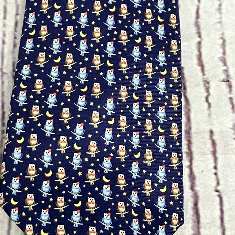 Battistoni Roma Owl Moon Stars‎ Novelty Silk Tie Handmade In Italy Blue